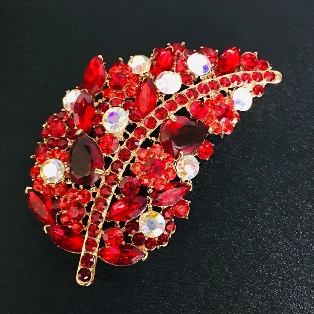 FABULOUS Aurora Borealis Red Rhinestone Cluster Leaf Brooch Huge Vintage 1101